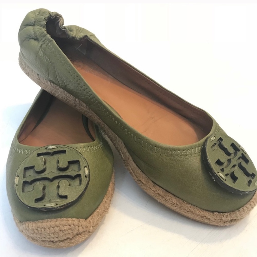 Tory Burch Army Green Leather Espadrilles